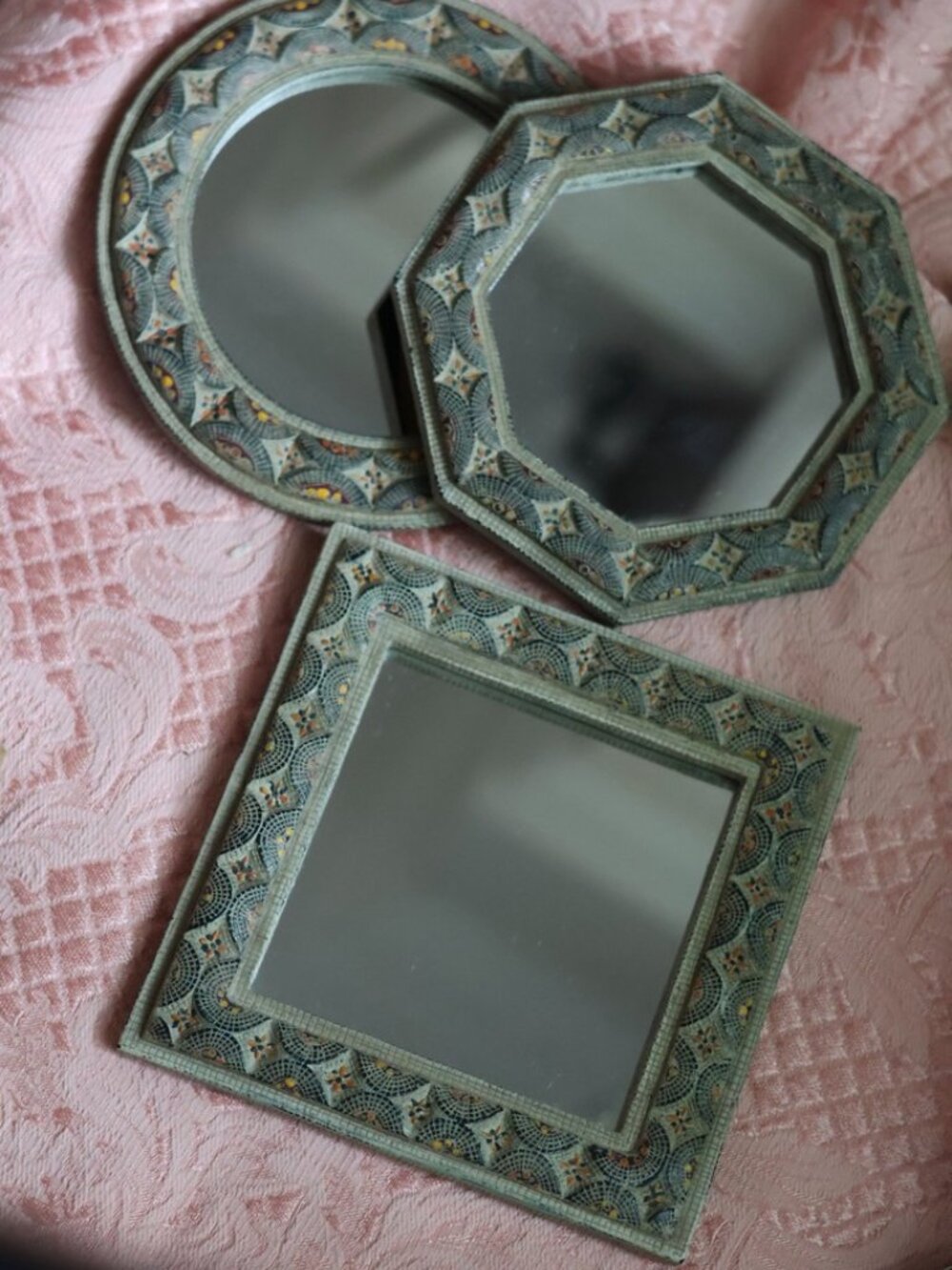 Vintage Intercontinental Art Set of 3 Mirrors – Ornate Wall Decor, Geometric, Re